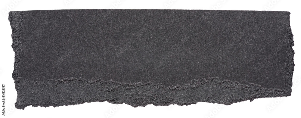 Isolated cut out torn piece of blank black paper note cardboard with ...