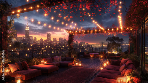 A visually elaborate image showcasing a 1920s Gatsby party in a glamorous rooftop garden, with guests lounging on plush velvet sofas and sipping champagne under a canopy of twinkli