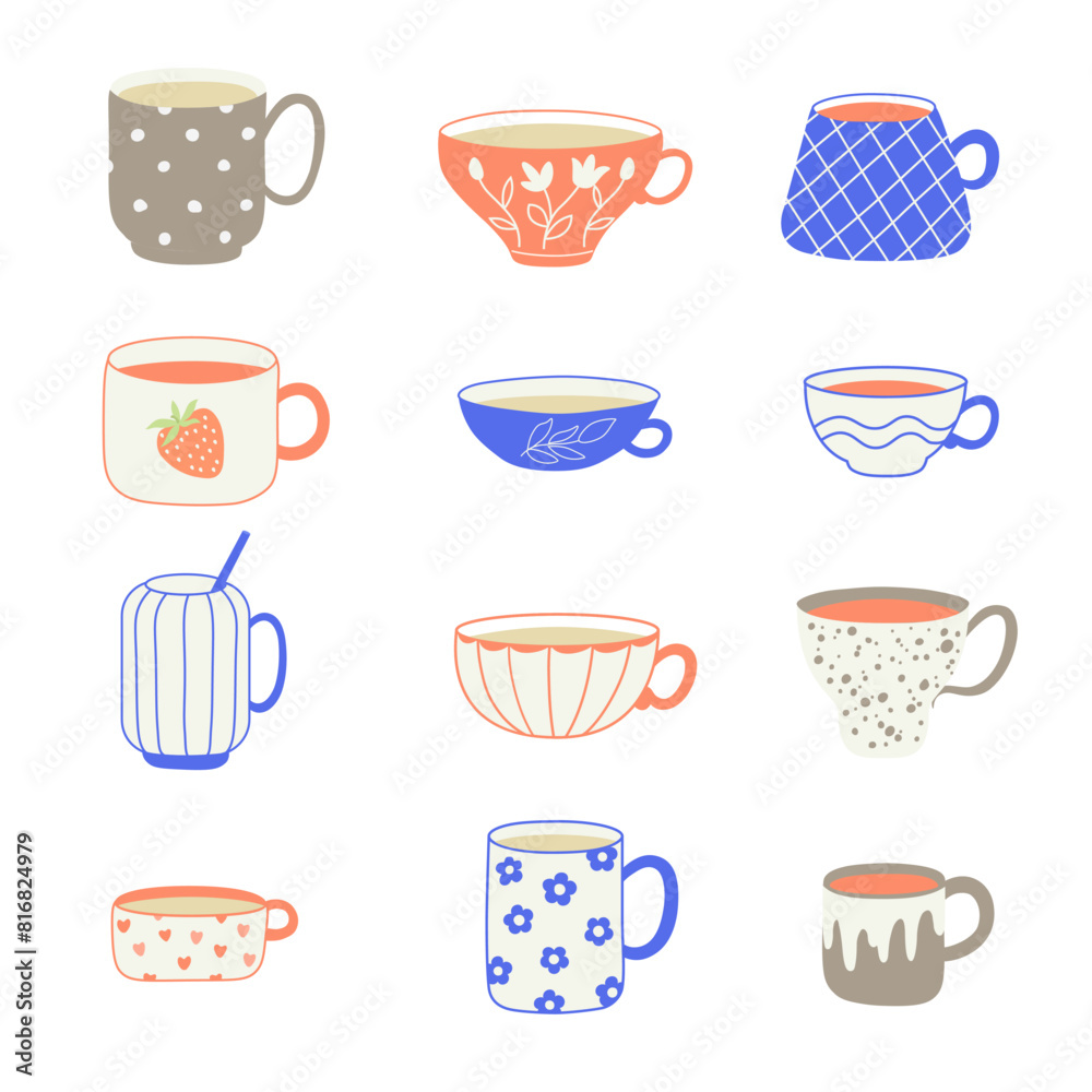 Modern hand drawn tea cups set. Set of colored mugs filling by beverages. Cute trendy crockery with handle for drink. Vector flat illustration isolated on background.