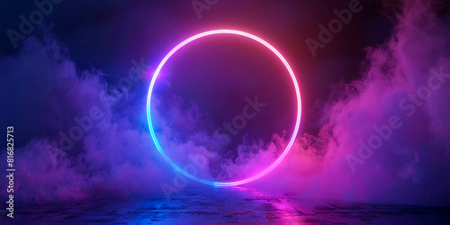 Representaci  n 3D de un colorido anillo de luz de ne  n sobre un fondo oscuro y brumoso  Marco redondo brillante en el cielo - Papel pintado minimalista abstracto  perfecto para dise  os modernos