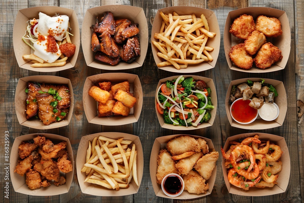 Diverse selection of delicious takeout food boxes on a wooden table perfect for food delivery Diverse selection of delicious takeout food boxes on a wooden table perfect for food delivery