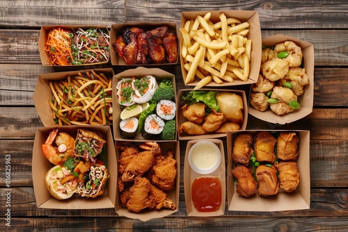 Wide variety of delicious takeout food boxes on wooden table ideal for food delivery services