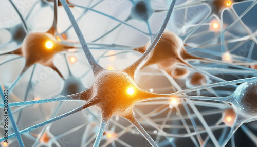 Fototapeta Naklejka Na Ścianę i Meble -  Microscopic neural network abstraction. Interconnected neurons at microscopic scale. 3D rendering