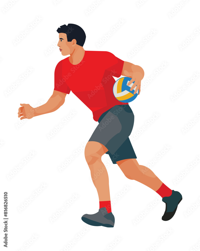 Figure of a professional Asian volleyball player in profile in a red T-shirt running with a ball in one hand