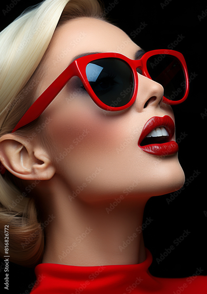 Blonde with red lipstick in stylish glasses. Fashion photo, close-up. Blonde with red lipstick in stylish glasses. Fashion photo, close-up.