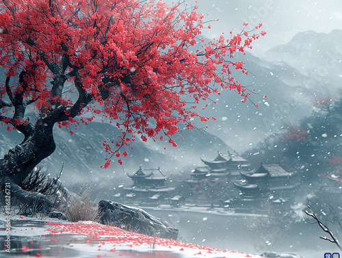 A beautiful red flower tree  snow falling in the background