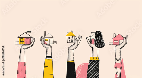 Hands holding up different small houses. real estate hand drawn style illustration