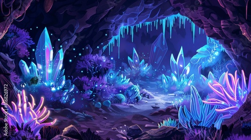 A cave with blue crystals and glowing plants