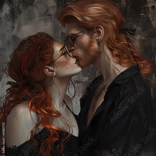 A long-haired girl with red hair, glasses and a black dress kisses her boyfriend, he has long red hair and fair skin. Black background