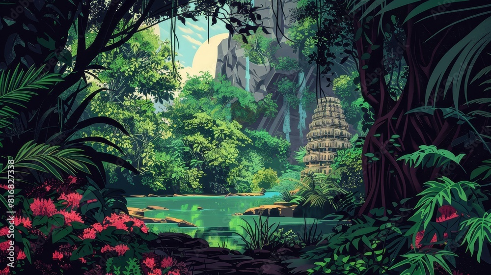 A lush jungle with a small temple in the middle