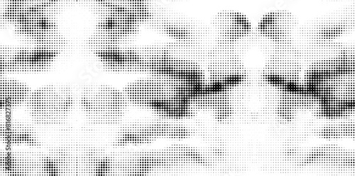 Seamless dotted halftone pattern of fluffy shapeless lumps with elements of mirror symmetry. Simulation of vibration, movement, overlay. Transparent background. Vector.