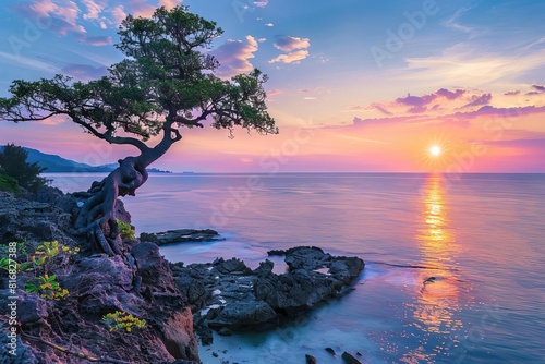 tranquil sunset over serene coastal landscape natures breathtaking beauty captured by ai