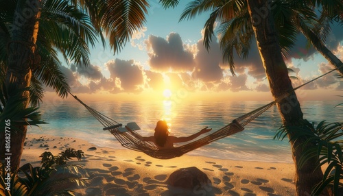 Person reading a book on a hammock strung between palm trees on a beach, Relaxation, vacation, leisure