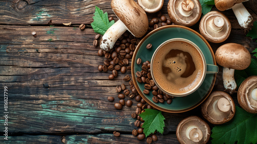 A cup of mushroom coffee on the table, surrounded by mushrooms and coffee beans