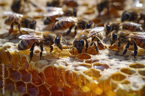 Bees working on honeycomb, detail shown in golden hues. © Larisa