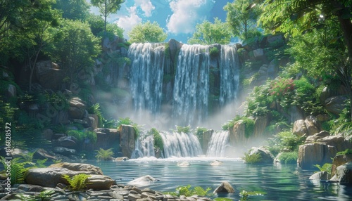 Majestic waterfall cascading down rocks surrounded by lush greenery  Nature  beauty  power