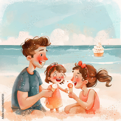 Cute little girl with dad and mom laughs while eating ice cream, warm colors and sea --v 6.0