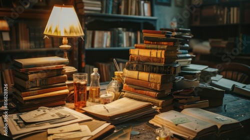 A variety of books and materials are piled on a messy wooden table next to drinks in a dimly lit room, beside a shining lamp