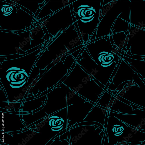 abstract seamless pattern with thorns and roses in blue-green colors on a black background, for prints on fabrics for clothing and linen and for interior design, packaging and covers
