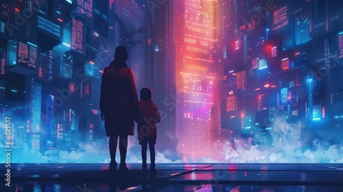 Mother and Child Exploring Futuristic Neon Lit Library in Rainy City Nightscape