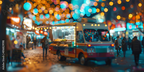 A food truck is parked on the side of the road serving customers hot and delicious food Stylized food truck at a night time music festival AI Generated 