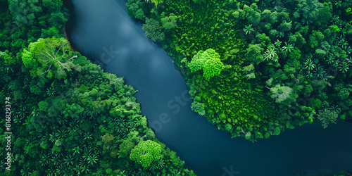 Aerial View of Meandering River Through Lush Forest Resplendent, Aerial View of Meandering River Through Lush Forest Resplendent