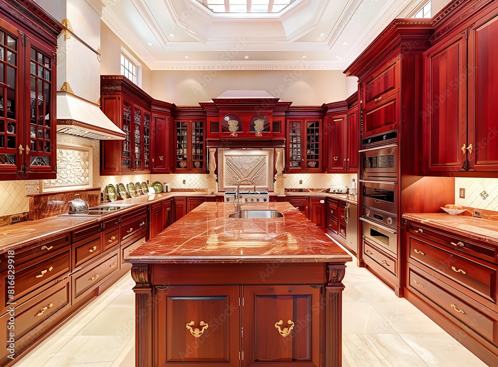large kitchen in luxury home with cherry wood cabinets and marble countertops stock photo contest winner, high resolution, high detail, photo realistic