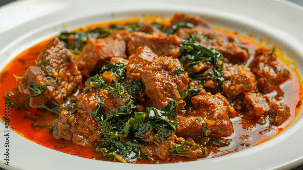 Luscious african meat stew with vibrant greens, perfectly cooked and ready to be served - close-up photo focus Luscious african meat stew with vibrant greens, perfectly cooked and ready to be served - close-up photo focus