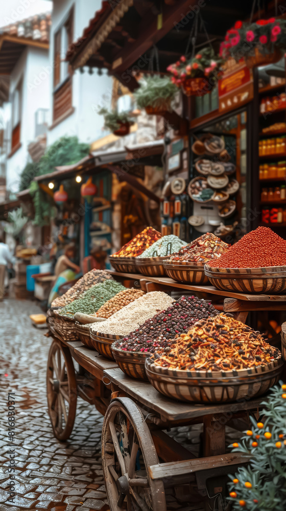 Spices displayed on a rustic wooden cart A traditional wooden cart laden with baskets of various spices, representing the movement and distribution of spices Spices displayed on a rustic wooden cart A traditional wooden cart laden with baskets of various spices, representing the movement and distribution of spices