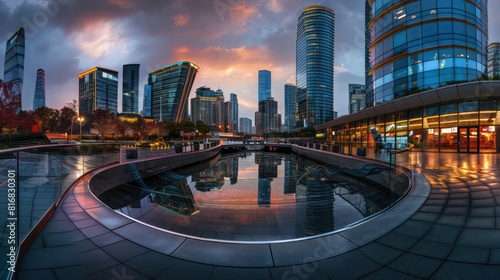 Floor image of a pedestrian bridge with buildings in the city photo