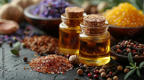 Spiceinfused oils used for massages Traditional massage oils infused with aromatic spices, highlighting their therapeutic and relaxing properties photo