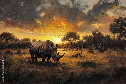 A rhino peacefully grazing in a field. Suitable for wildlife or nature concepts