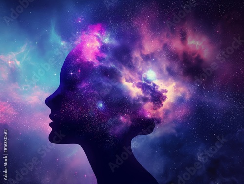 Silhouette of a human head filled with vibrant cosmic nebula, symbolizing imagination, creativity, and the universe within. A blend of deep space and human consciousness.