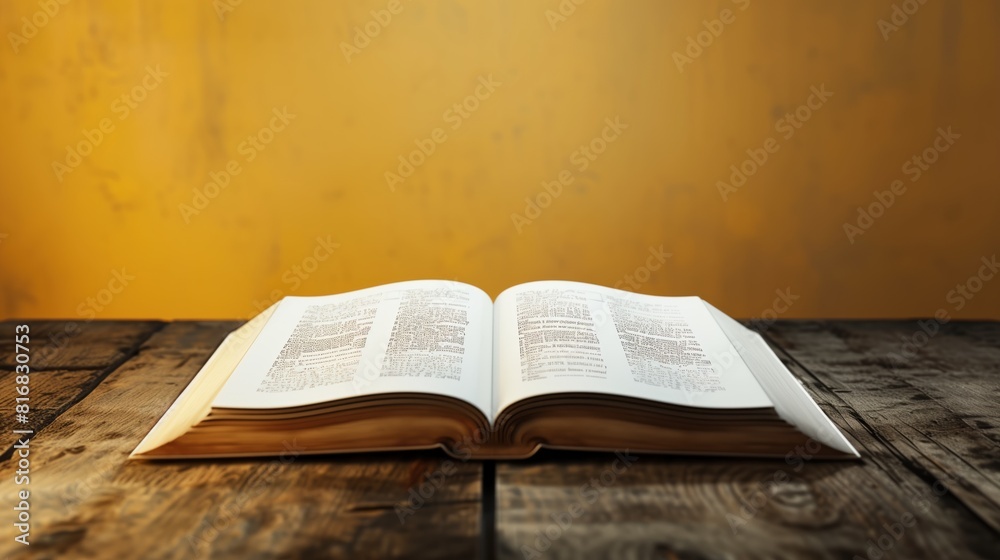 Fototapeta premium Open book on rustic wooden table against a warm yellow background with dramatic sunlight and copy space