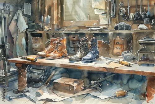 A painting of a workbench with work boots. Ideal for industrial and construction themes photo