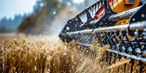 Close-up of combine harvester in action  cutting wheat crop.
