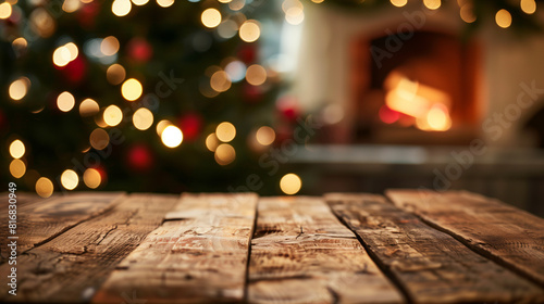 A wooden table is placed in front of a blurry Christmas tree, creating a cozy holiday setting. The Christmas tree is adorned with lights and ornaments, adding a festive touch to the room