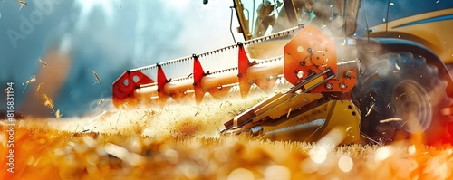 Sunny harvest scene with combine harvester at work in golden fie photo