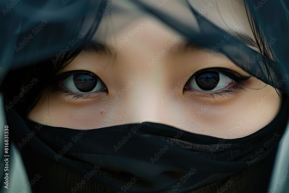 Close-up of a woman's face with a veil, suitable for bridal or beauty concepts