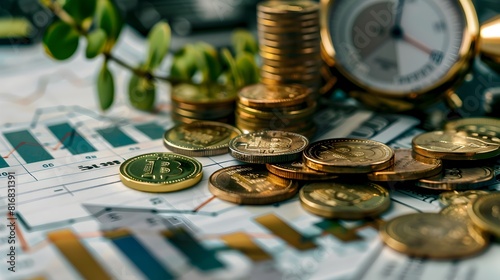 A collection of coins is stacked and scattered on top of paper documents with printed charts, alongside a watch and some green plant leaves, related to finance, time management, and growth. photo