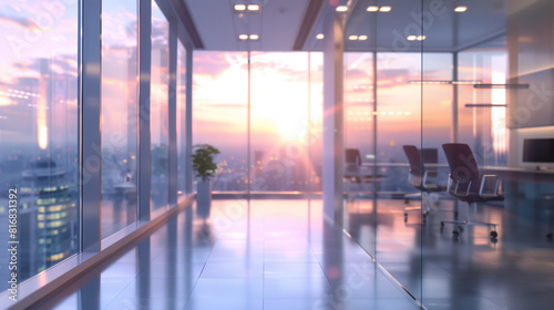 A modern glass office with a stunning view of the city at sunset. The suns warm glow floods the room  casting long shadows across the sleek furniture. 