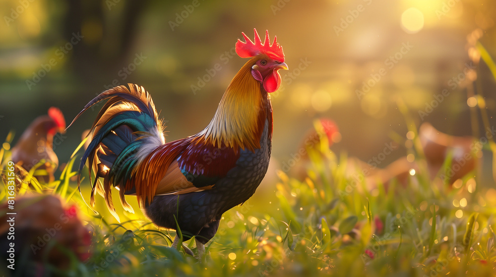 rooster in the grass and flowers