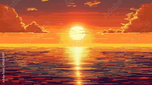 Sunset over ocean with clouds. Pixel art style.