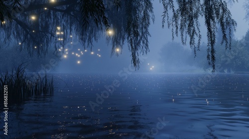Willow tree branches with glowing lights overhanging a calm lake at dusk. photo