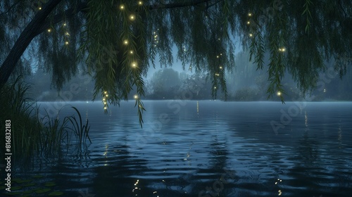 Willow tree branches with glowing lights overhanging a calm lake at dusk. photo