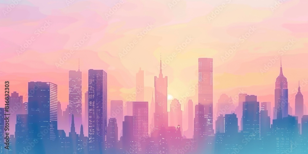 A beautiful sunset over a city. The warm colors of the sky and the soft light of the sun create a peaceful and relaxing scene.