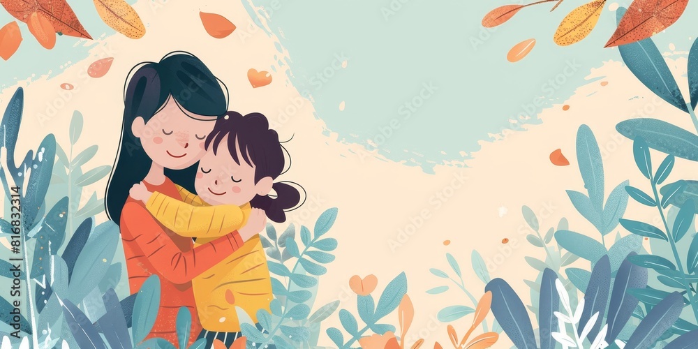 A cartoon mother hugging her daughter with a big smile on her face. A cartoon mother hugging her daughter with a big smile on her face.