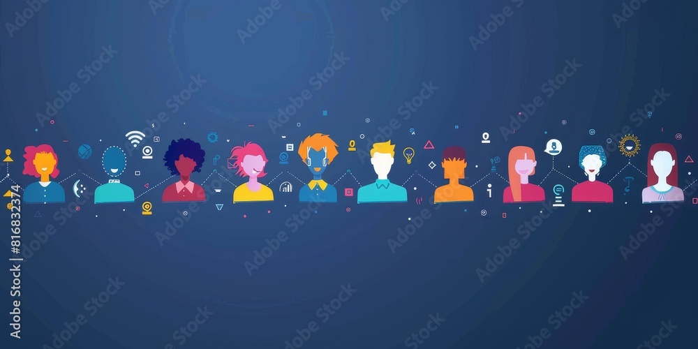 A diverse group of people connected by lines on a blue background. A diverse group of people connected by lines on a blue background.