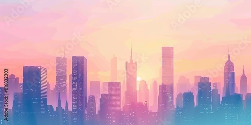 A beautiful sunset over a city. The warm colors of the sky and the soft light of the sun create a peaceful and relaxing scene.