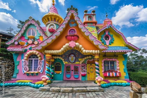 Vibrant fairy tale playhouse with candyinspired designs, set against a backdrop of clear blue skies